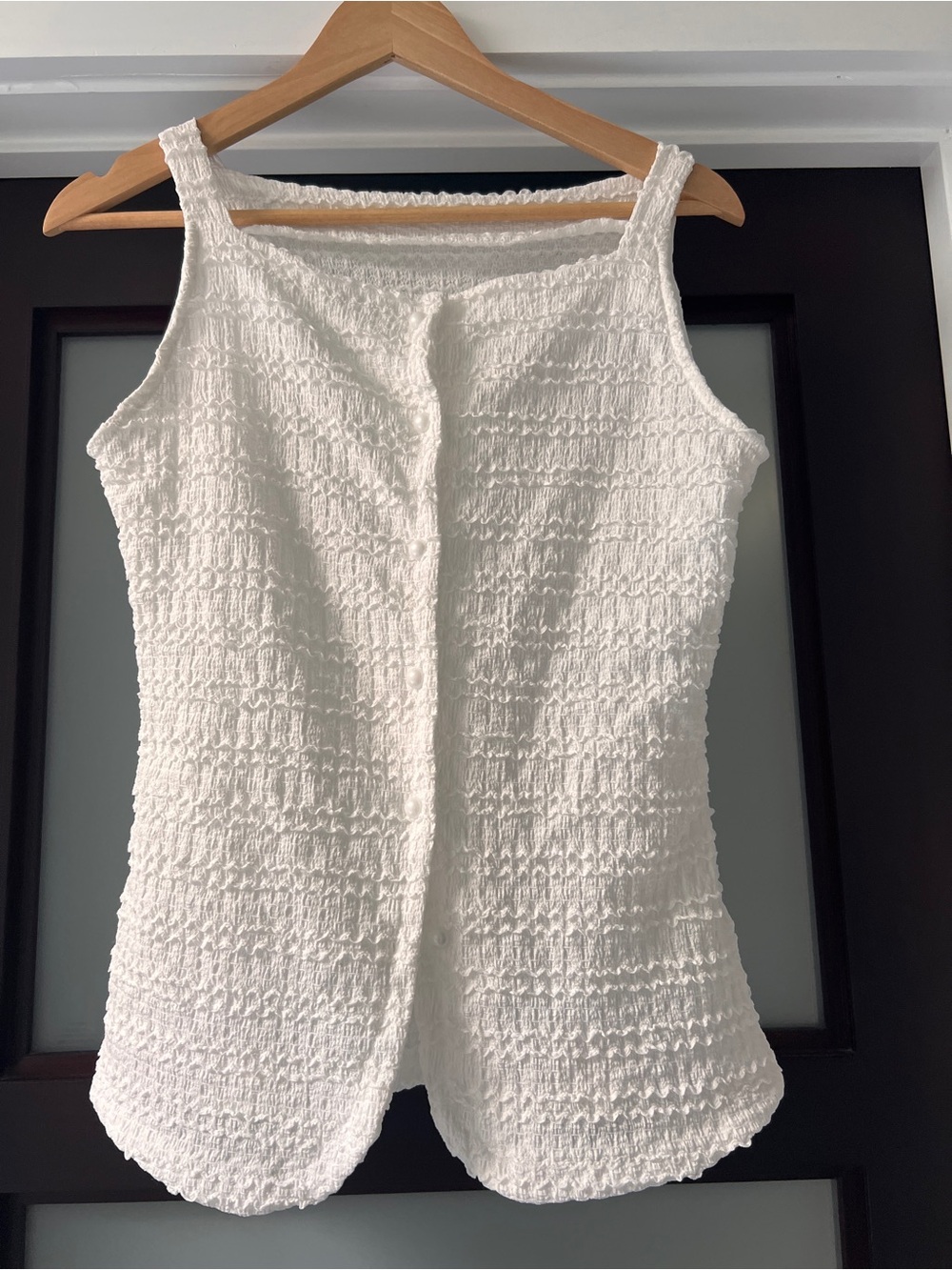 White Textured Tank Top — Lightweight Sleeveless Women’s Top with Pearled Button
